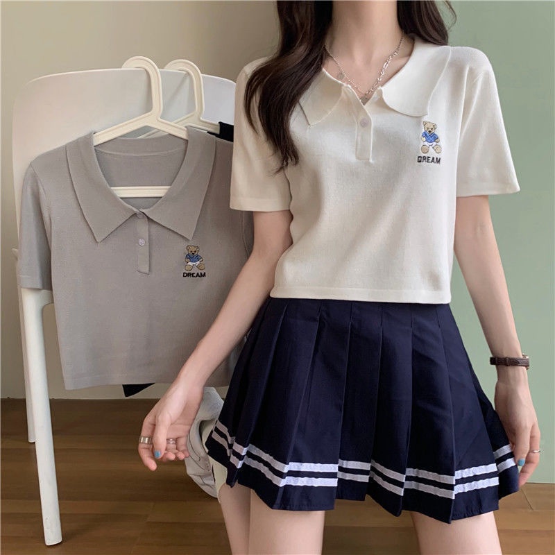 Áo dệt kim cổ POLO tay ngắn thêu hình gấu thời trang mùa hè Hàn Quốc 2021 cho nữ