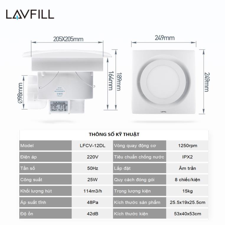 Quạt thông gió âm trần có đèn LED với bề mặt 250x250mm LAVFILL LFCV-12DL