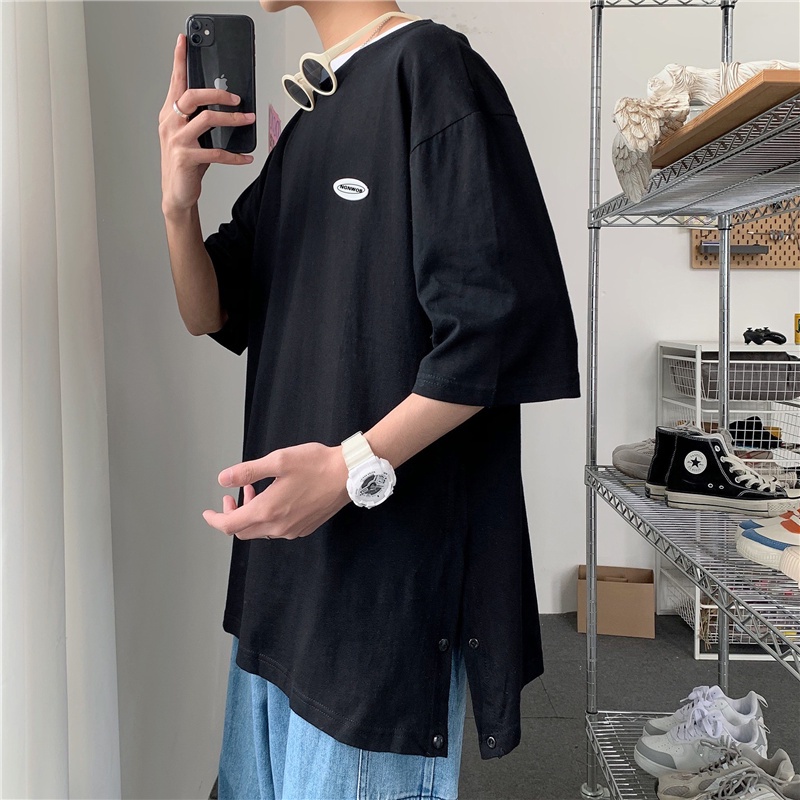 Áo Thun Tay Ngắn Dáng Rộng Màu Sắc Đơn Giản Thiết Kế Xẻ Tà Phong Cách Hàn Quốc Cho Nam