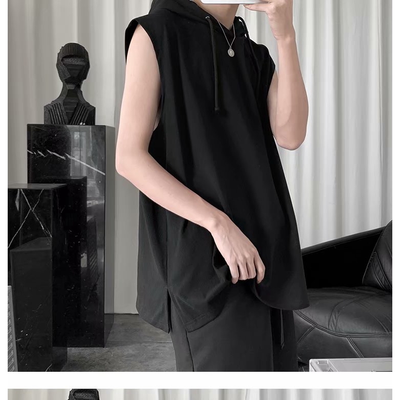 Áo Hoodie Nam Không Tay Dáng Rộng Màu Trơn Thời Trang Thể Thao Năng Động