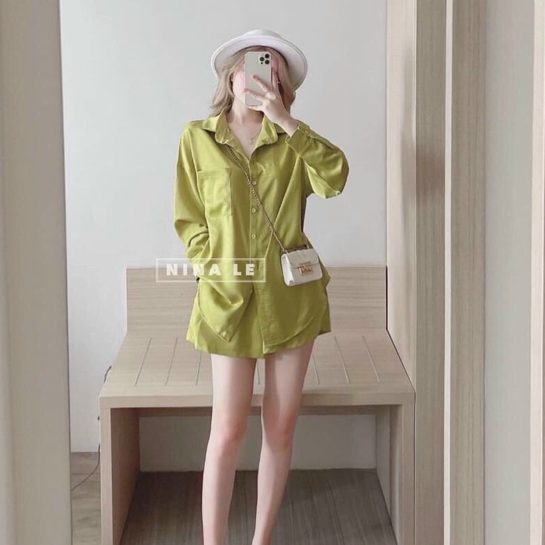 Sét bộ áo sơ mi tay dài phối quần đùi chất liệu tuyết nhung phù hợp cho mọi phong cách