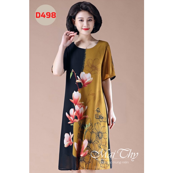 Váy Trung Niên MAI THY D498, Mẫu Đầm Hoa Cho Mẹ Đi Tiệc Cổ Tròn Tay Ngắn Thoải Mái Mát Mẻ | Thời Trang Trung Niên U40+
