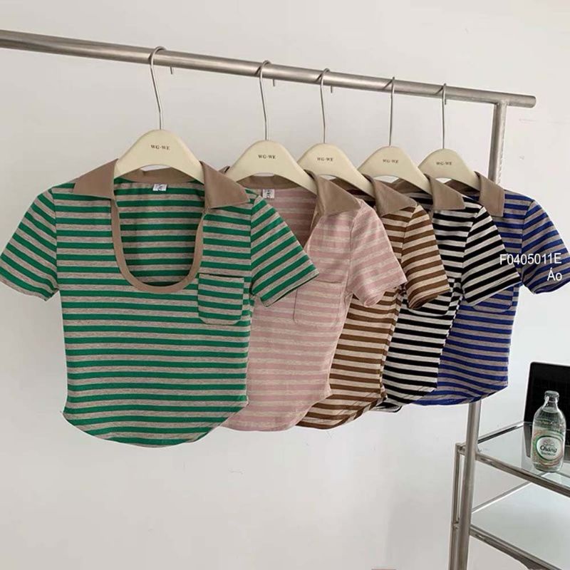 Áo len sọc cổ bẻ xẻ U một túi tay ngắn hàng Quảng Châu 0405