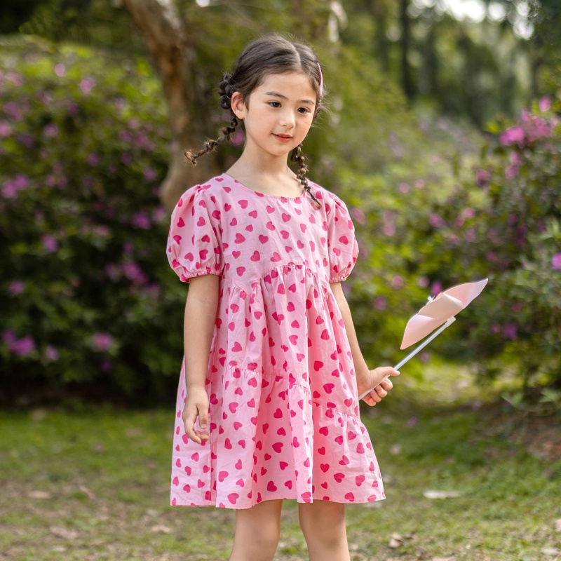 Đầm Tay Ngắn Cổ Tròn In Hình Trái Tim Đầy Đủ Thời Trang Mùa Hè Cho Nữ
