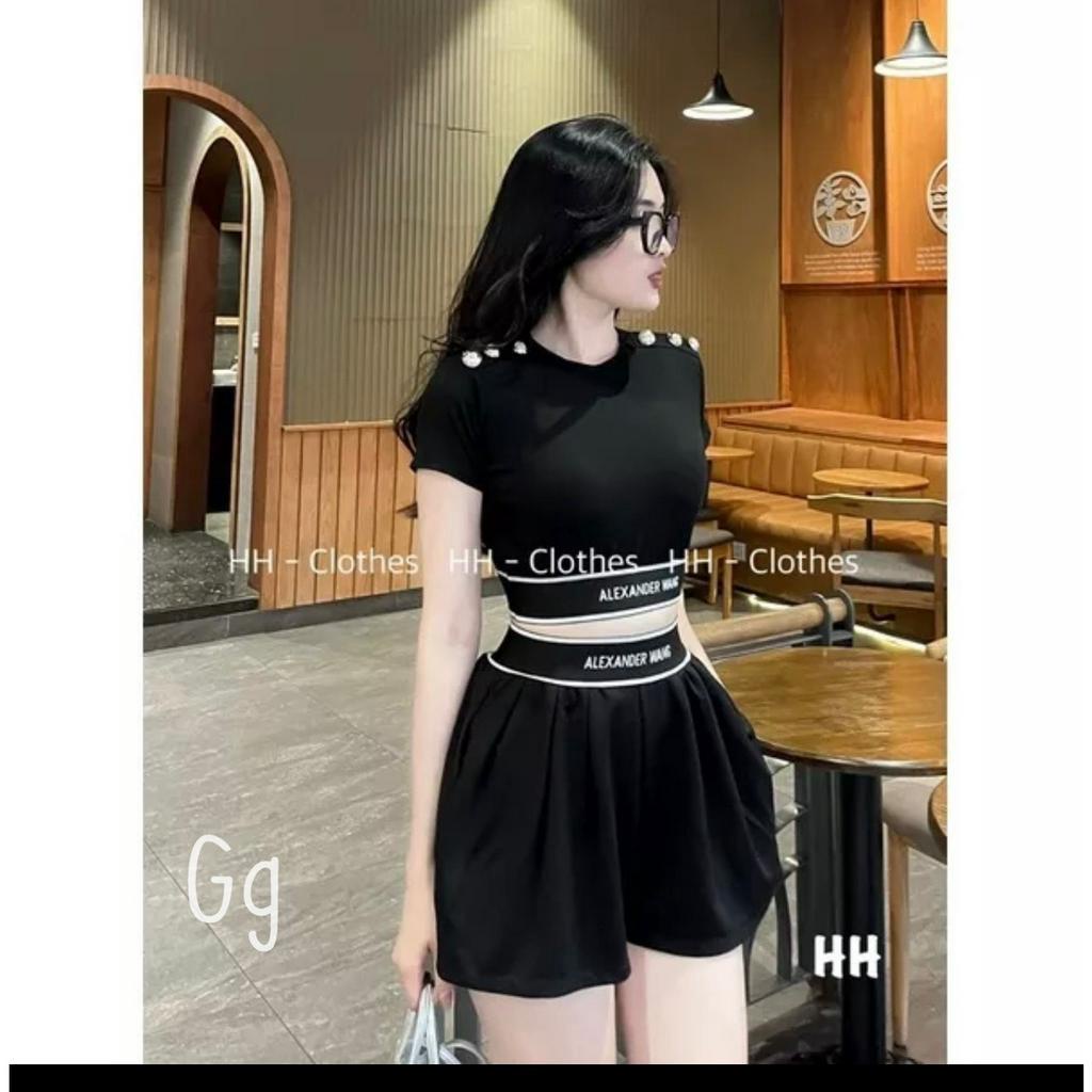 Set bộ áo tay ngắn quần short xòe bo bản hiệu nút vai