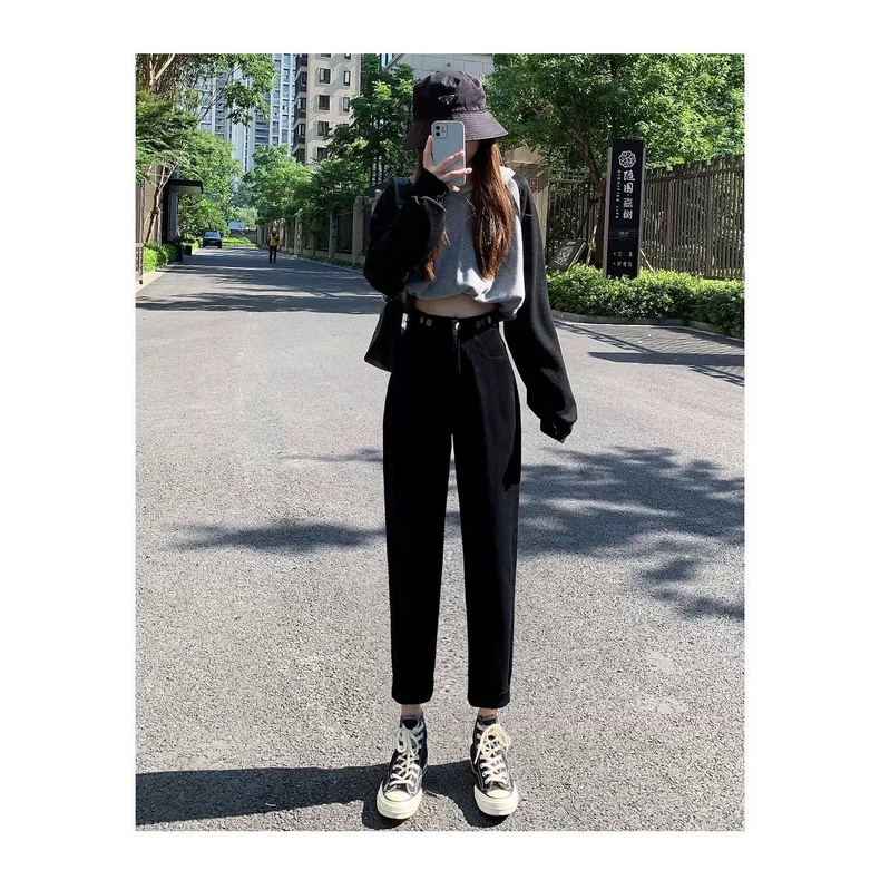 Quần jeans nữ ống suông rộng cạp cao đính khuy (hàng Quảng Châu) N025