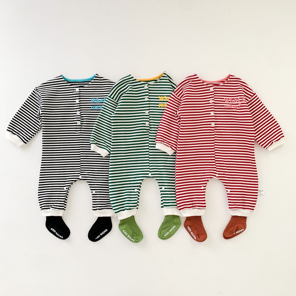 Bộ áo liền quần tay dài kẻ sọc in chữ thời trang mùa thu cho bé sơ sinh