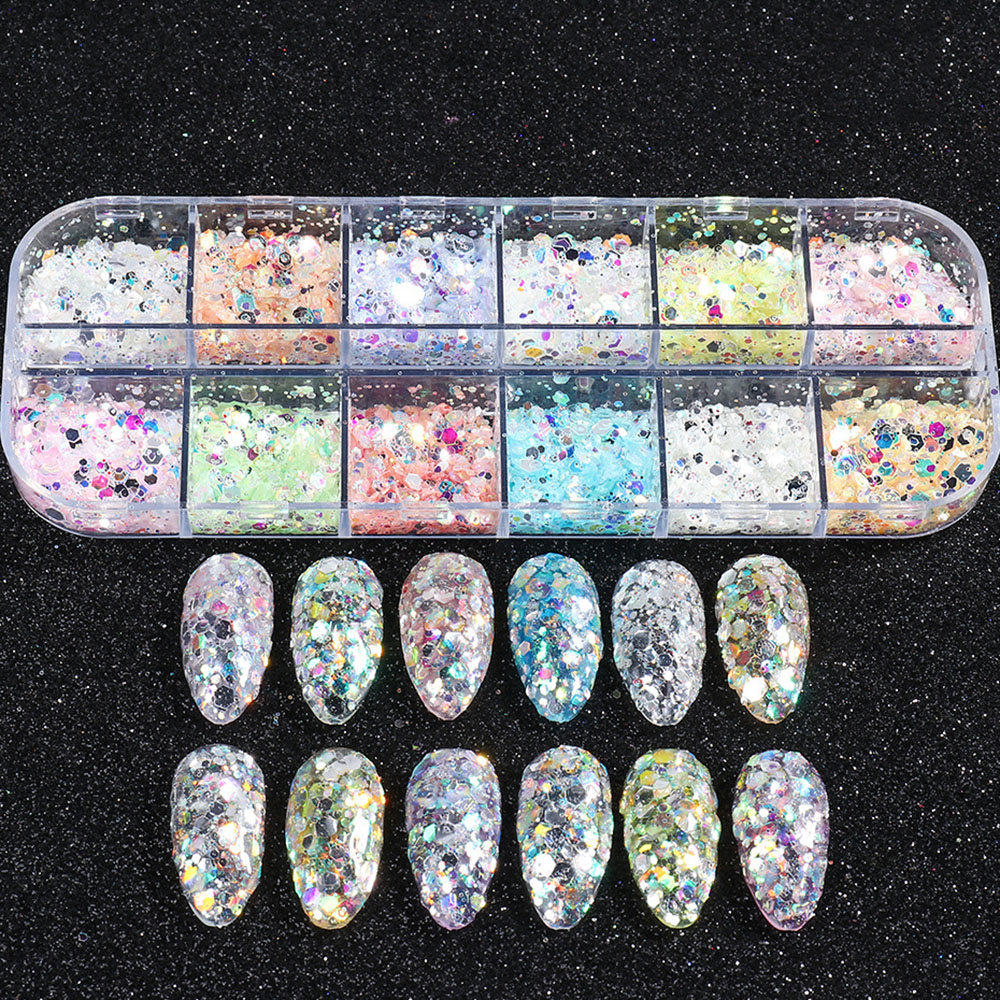 [Hàng mới về] Hộp 12 Ngăn Kim Tuyến 3D Trang Trí Móng Tay