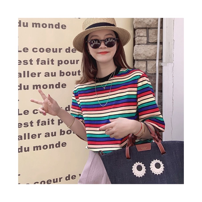 Áo Thun Tay Ngắn Cổ Tròn Dáng Rộng Họa Tiết Kẻ Sọc Nhiều Màu Sắc Phong Cách Hàn Quốc Thời Trang Mùa Hè Cho Nữ