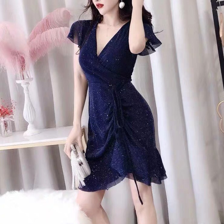 Váy Body Dáng Ôm Ngắn Cổ V Lấp Lánh Blink Blink Thắt Nơ Thời Thượng Phong Cách V00133 | BigBuy360 - bigbuy360.vn