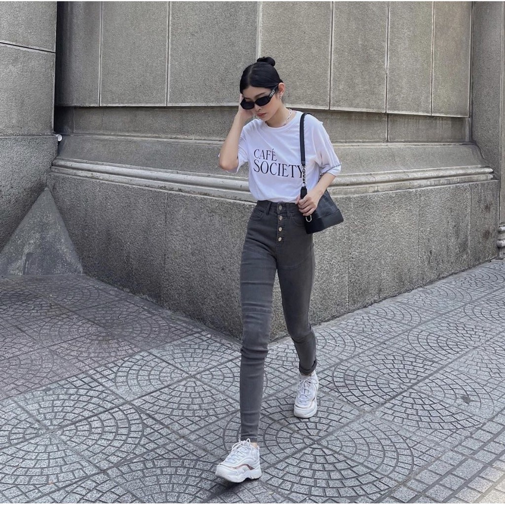 Quần jeans skinny CHICMONKI lưng cao nhiều nút màu xám nhạt CMJ1019