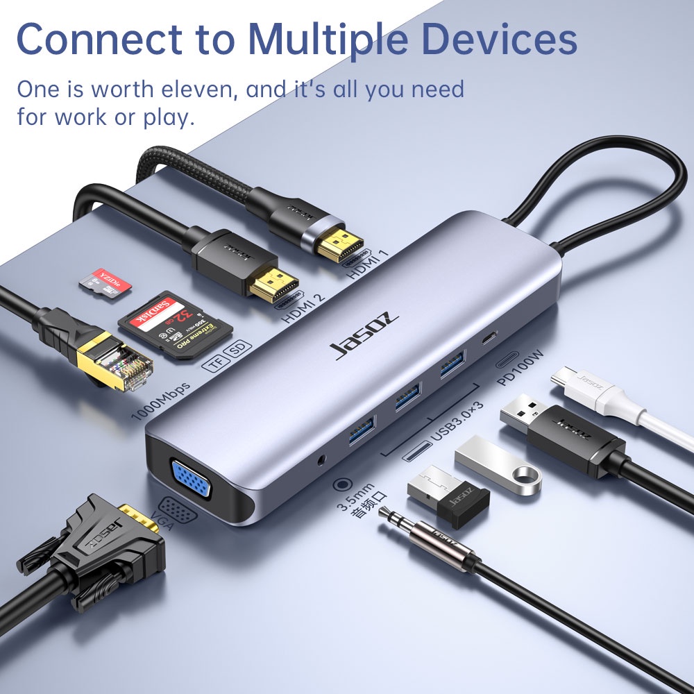 Đế cắm Type-C bộ nguồn 11 trong 1 USB3.0 *3 +3.5AV + VGA + HDMI*2 + DP + SD + TF + Gigabit RJ45 JASOZ H114