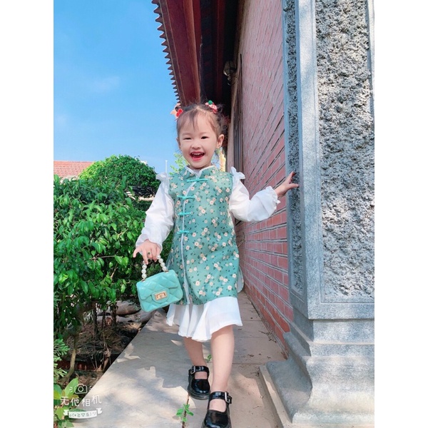 (jean baby) Áo dài cách tân vải nhung hoa nhí cho bé gái (10-22kg)