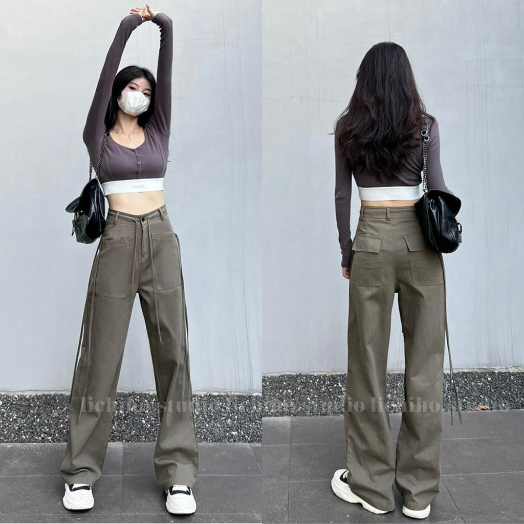 Quần kaki túi hộp phối dây rút eo form dài unisex cargo pants ống suông thiết kế cạp lưng cao cá tính trẻ trung LCH