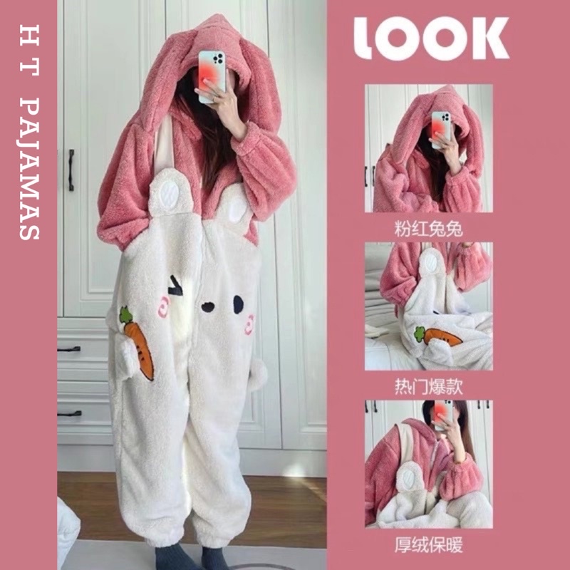 (Sẵn) Bộ Ngủ Thỏ Bông Liền Người Dễ Thương Couple Bộ Ngủ Bông Gấu Nâu Liền Người