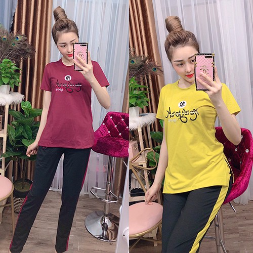 Đồ bộ mặc nhà nữ đẹp cotton Sport quần dài tay ngắn - Chất liệu thun co giãn 4 chiều thoáng mát - Anquachi