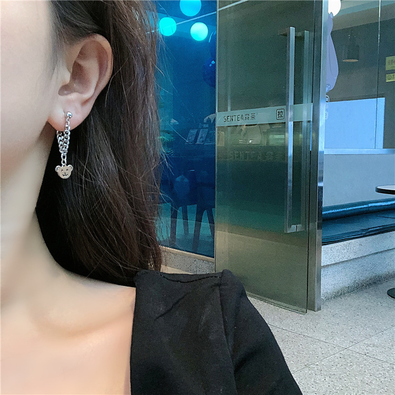 MANYUE Khuyên tai dáng dài hình chú gấu phối tua rua phong cách Hàn Quốc