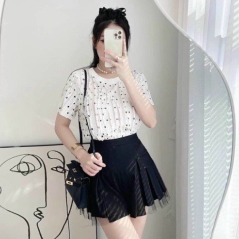 Chân Váy Xếp Li Phối Lưới Tuyết Mưa 2 Màu Đen Trắng May Kèm Quần Trong-Thời Trang-Tôn Dáng-Cao Cấp
