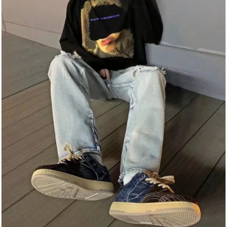 Quần jean nam rách chất vải bò jean baggy nam dáng suông kẻ sọc in lỏng quần tây nam đơn giản khâu quần jean đôi thời trang