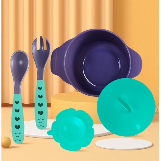 [Siêu rẻ] Bộ bát ăn dặm kèm thìa nĩa loại dày đẹp có đế chống đổ