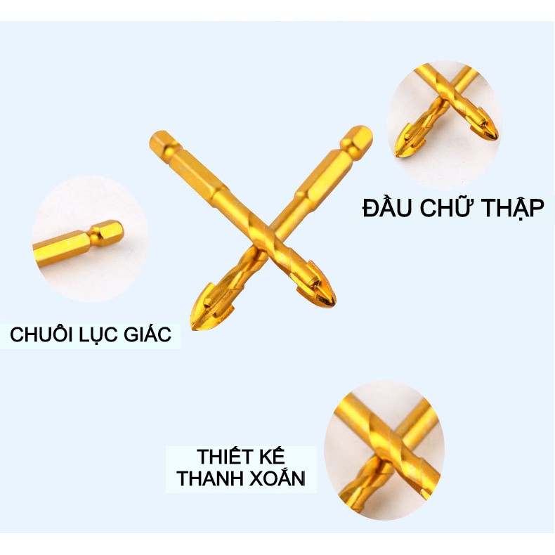 Mũi khoan đa năng (gạch, kính, đá hoa...) chuôi lục giác đầu chữ Thập size 6-8-10-12mm màu vàng