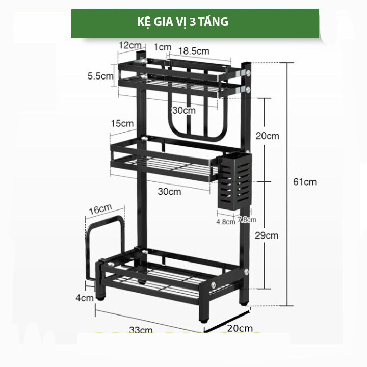 Kệ Gia Vị Chữ L 2-3 Tầng Cao Cấp - Giá Đựng Đồ Nhà Bếp 8 ƯU ĐIỂM - Thép Không Gỉ Chịu Lực Chịu Nhiệt Tốt KT 61x33x23 CM