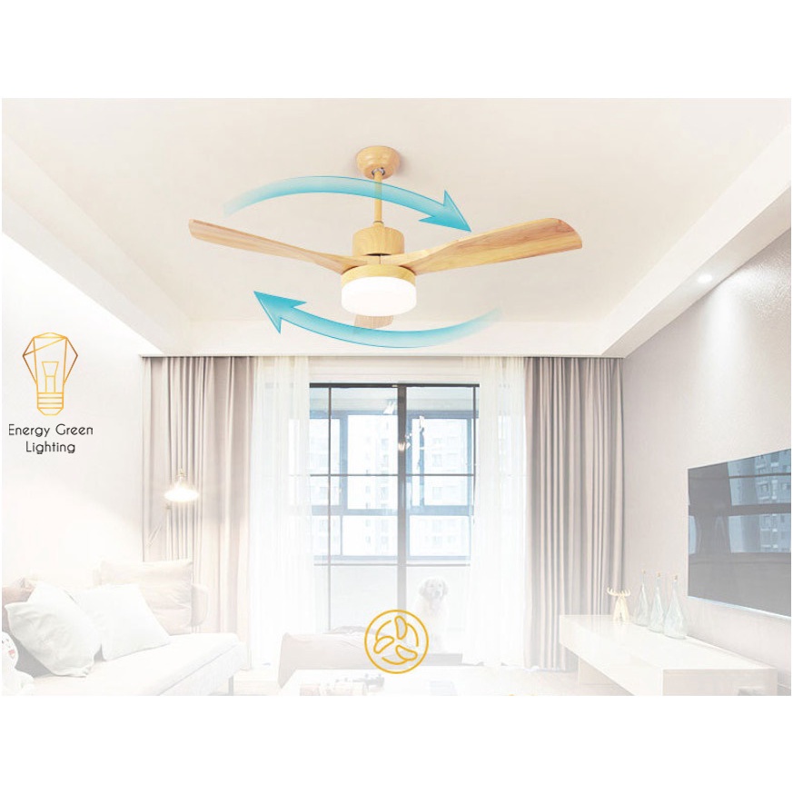 Quạt Trần Gỗ 3 Cánh Energy Green Lighting QT-11055 Phong Cách Bắc Âu Tích Hợp Đèn Chiếu Sáng - Điều Khiển Từ Xa