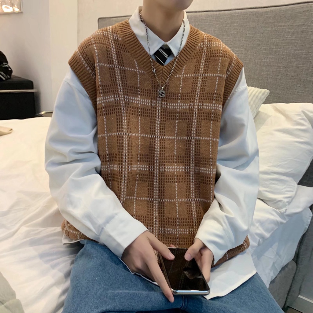 Áo gile nam dệt kim dáng ôm họa tiết sọc caro đơn giản phong cách hàn quốc thời trang thu đông cho fashion bigsize áo len vest unisex