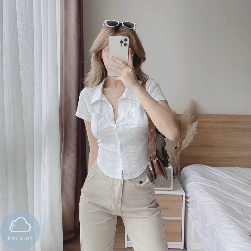 Áo sơ mi nữ 2 túi ngực dáng croptop form ôm vải co giãn hàng đẹp freeship Shynstores