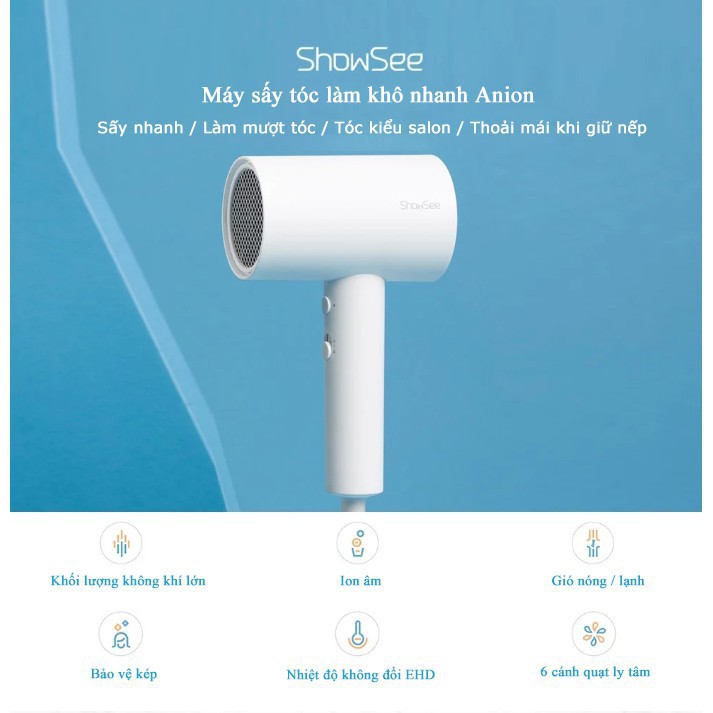 Máy sấy tóc bổ sung ion âm Xiaomi Youpin SHOWSEE A1-W A2-W 1800W cao cấp Chống Xù Rối Khô Tóc