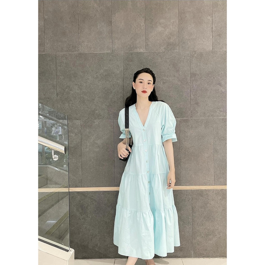 Váy đầm midi tay bồng xanh thiên thanh cổ chữ V 2021