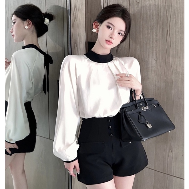 Bộ Áo Sơ Mi Tay Dài Cổ Tròn Phối Màu Tương Phản + Quần Short Lưng Cao Ống Rộng Thời Trang Hàn Quốc Tw