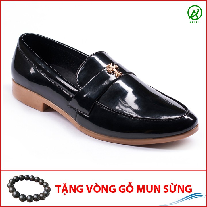 [Siêu Sale] Giày Lười Nam Đẹp Đế Khâu Chữ Thập Da Bóng Màu Đen - M95(GM)- Kèm Vòng Phong Thủy Gỗ Mun