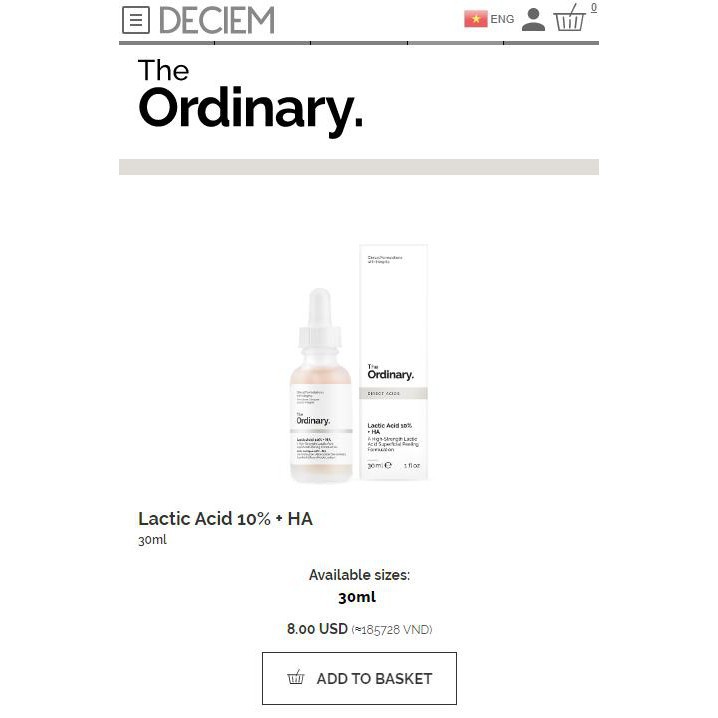 The Ordinary Lactic Acid 5% / 10% + HA 2% Serum Làm Sáng Da 30ml BEFALU