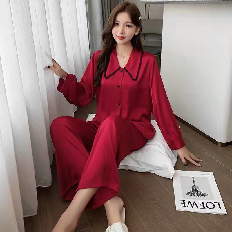 Bộ đồ ngủ cổ búp bê bằng lụa phối ren màu trơn thời trang mùa xuân dành cho nữ