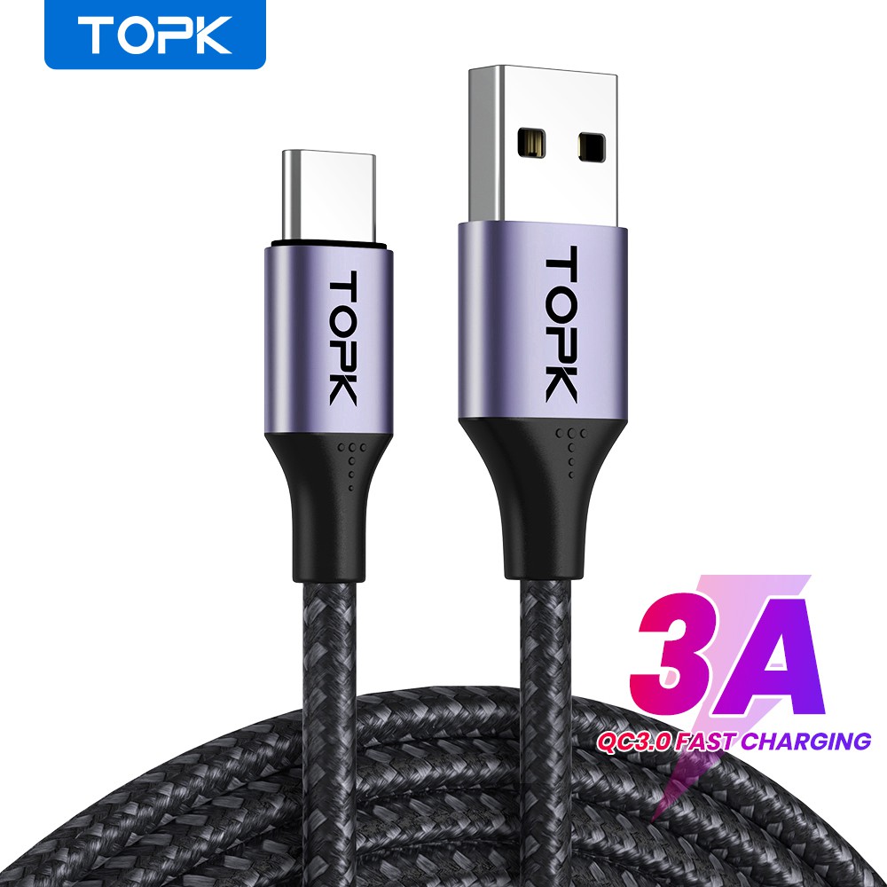 Dây Cáp Điện Thoại Sạc Nhanh USB Type C TOPK AN10 Cáp Sạc Vỏ Kim Loại Bện Nylon Chất Lượng Cao - Bảo Hành 1 Tháng