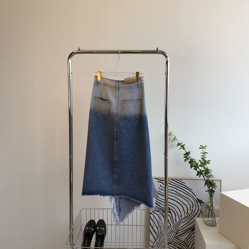 JSC Jiashucheng Chân Váy Denim Dáng Chữ a Lưng Cao Rách Tà Màu Gradient Mùa Hè Cho Nữ