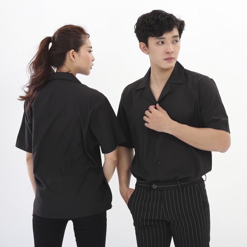 Áo sơ mi Trắng Đen Cổ Vest ngắn tay form rộng unisex nam nữ vải lụa