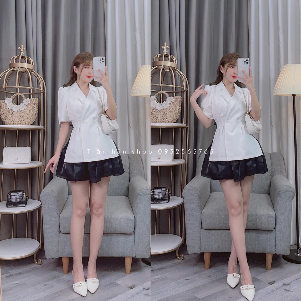 set bộ nữ (HÌNH THẬT SHOP CHỤP) áo vest tay phồng chít eo kèm chân váy ánh nhũ⚡4011391