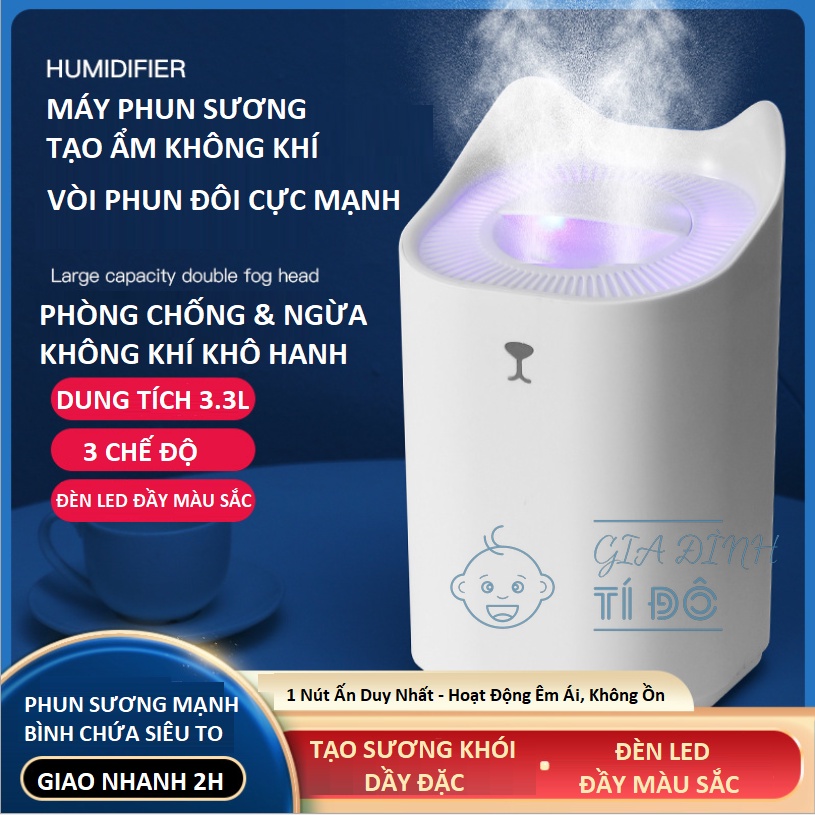 Máy Phun Sương Tạo Ẩm 3.3 Lít Humidifier Đèn Led 7 Màu cho Phòng Lớn