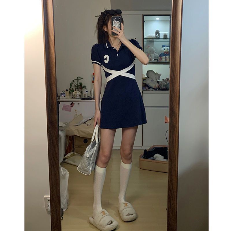Brother Cai doesn't stay up late tennis short sleeved dress summer polo collar bandage bow knot shows thin A-line skirt children