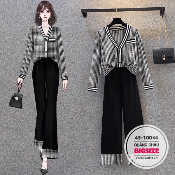 BIGSIZE(45-100KG) Set Bộ đồ nữ áo Sweater dệt kim tay dài cổ chữ V phối quần dài ống rộng thời trang trẻ trung - Phong cách Hàn Quốc sang chảnh cá tính - quảng châu cao cấp