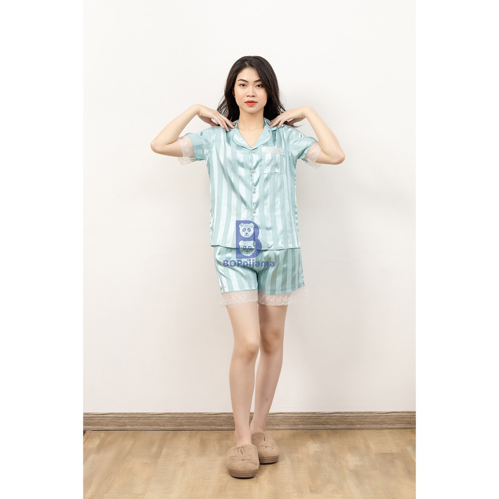 Đồ bộ ngủ cộc nữ pijama lụa gấm quần đùi có túi phối ren cao cấp- 09