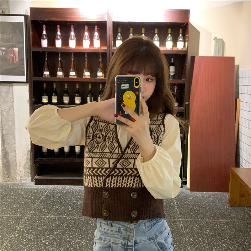 Áo Gile New Vest Korean V-neck Knitted Sweater Short Jacket Coats
