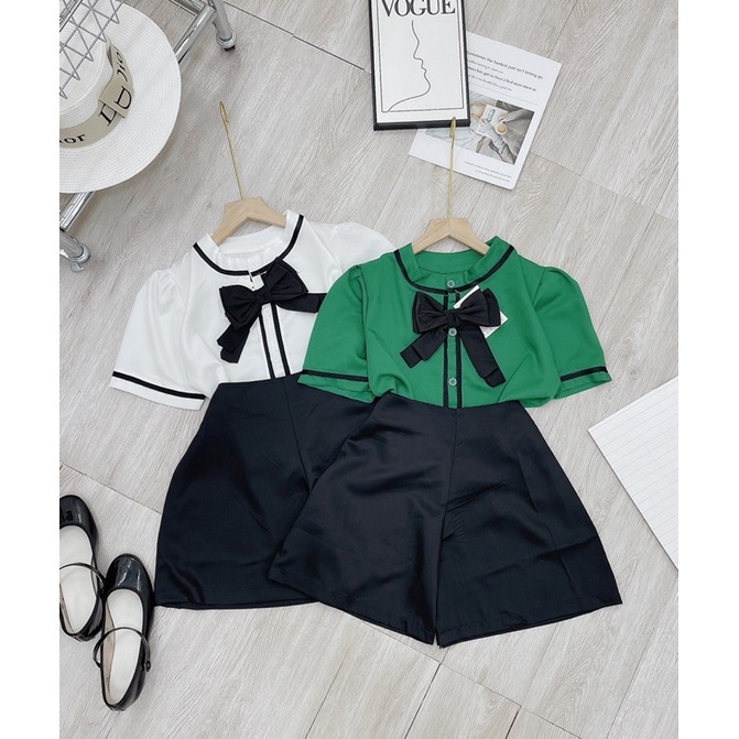 Set áo gấm nơ quần đen croptop đi chơi du lịch