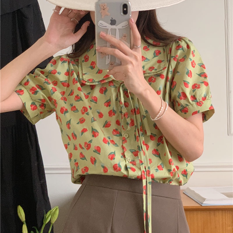 SUXI Áo Sơ Mi Tay Ngắn Dáng Rộng In Họa Tiết Phong Cách Hàn Quốc Xinh Xắn