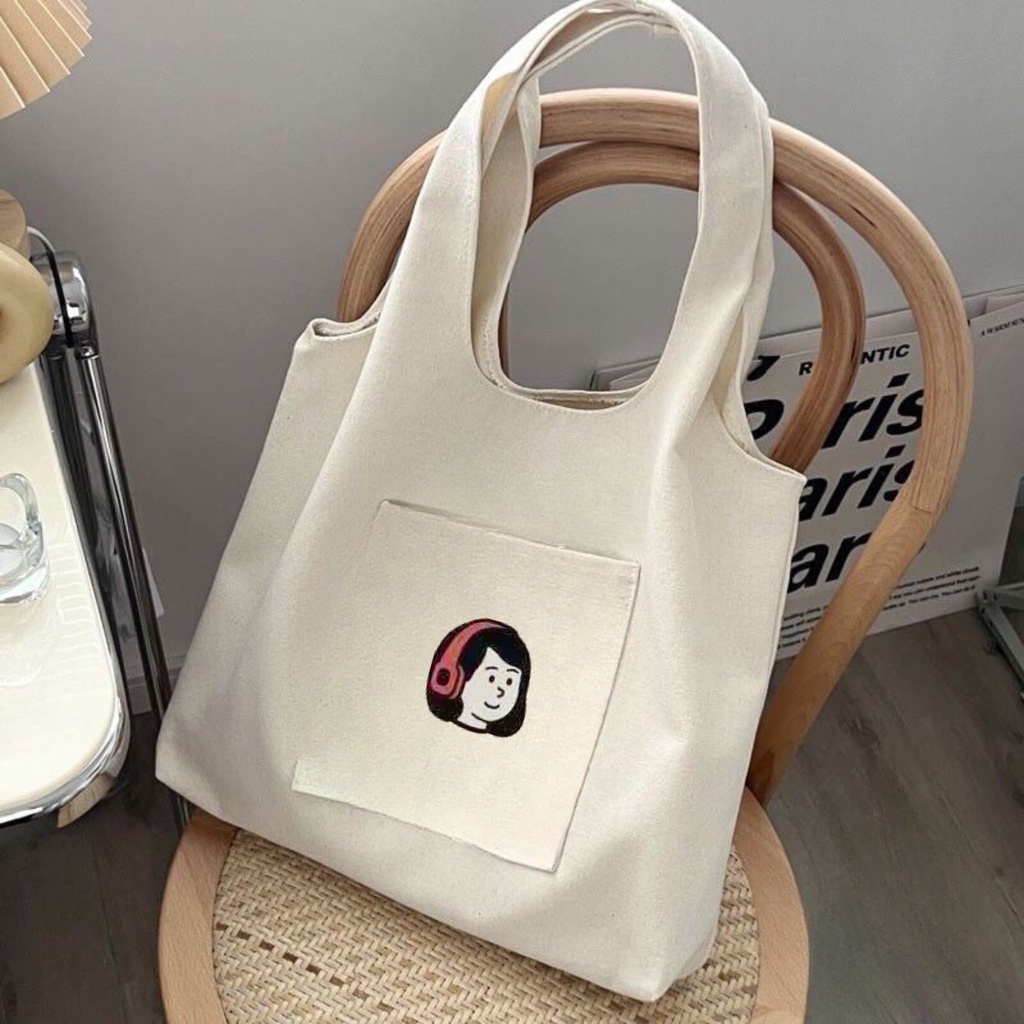 Túi tote HAZIN vải canvas ulzzang unisex họa tiết cô gái dễ thương túi vải đi học đi chơi
