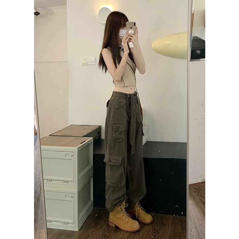 Quần Yếm Jean Ống Rộng Màu Xám Phong Cách Retro Mỹ Thời Trang Mùa Hè Hàng Mới Dành Cho Bạn Nữ
