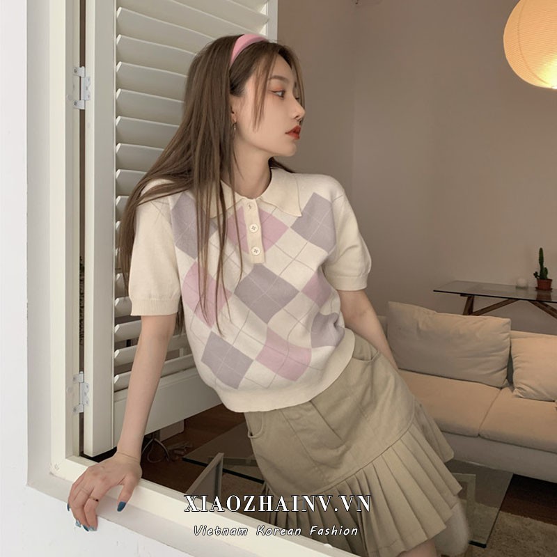 Xiaozhainv Áo Thun Polo Ngắn Tay Họa Tiết Sọc Caro Phong Cách Retro Hàn Quốc Có 2 Màu | BigBuy360 - bigbuy360.vn