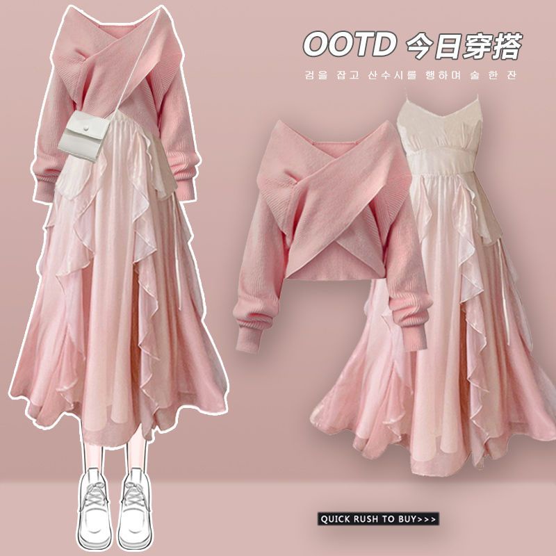 Áo noel nữ set bộ nữ sang chảnh Hàng Mới Về Mới Set Áo Dệt Kim Dáng Ngắn Phối Đầm Thời Trang Thu Đông 2022 Cho Nữ